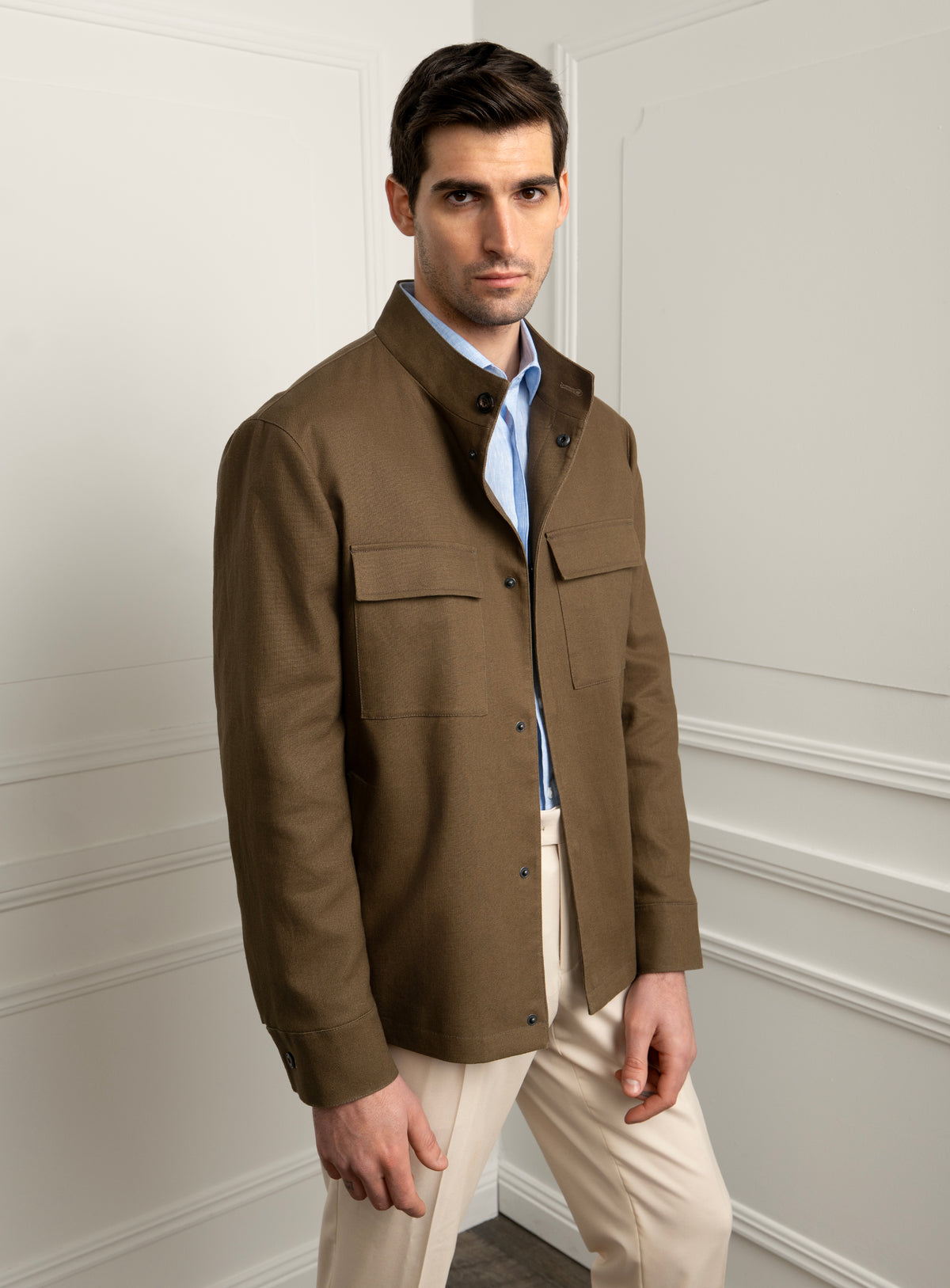 Melfi Basketweave Olive Harrington Jacket - Model side three-quarter view