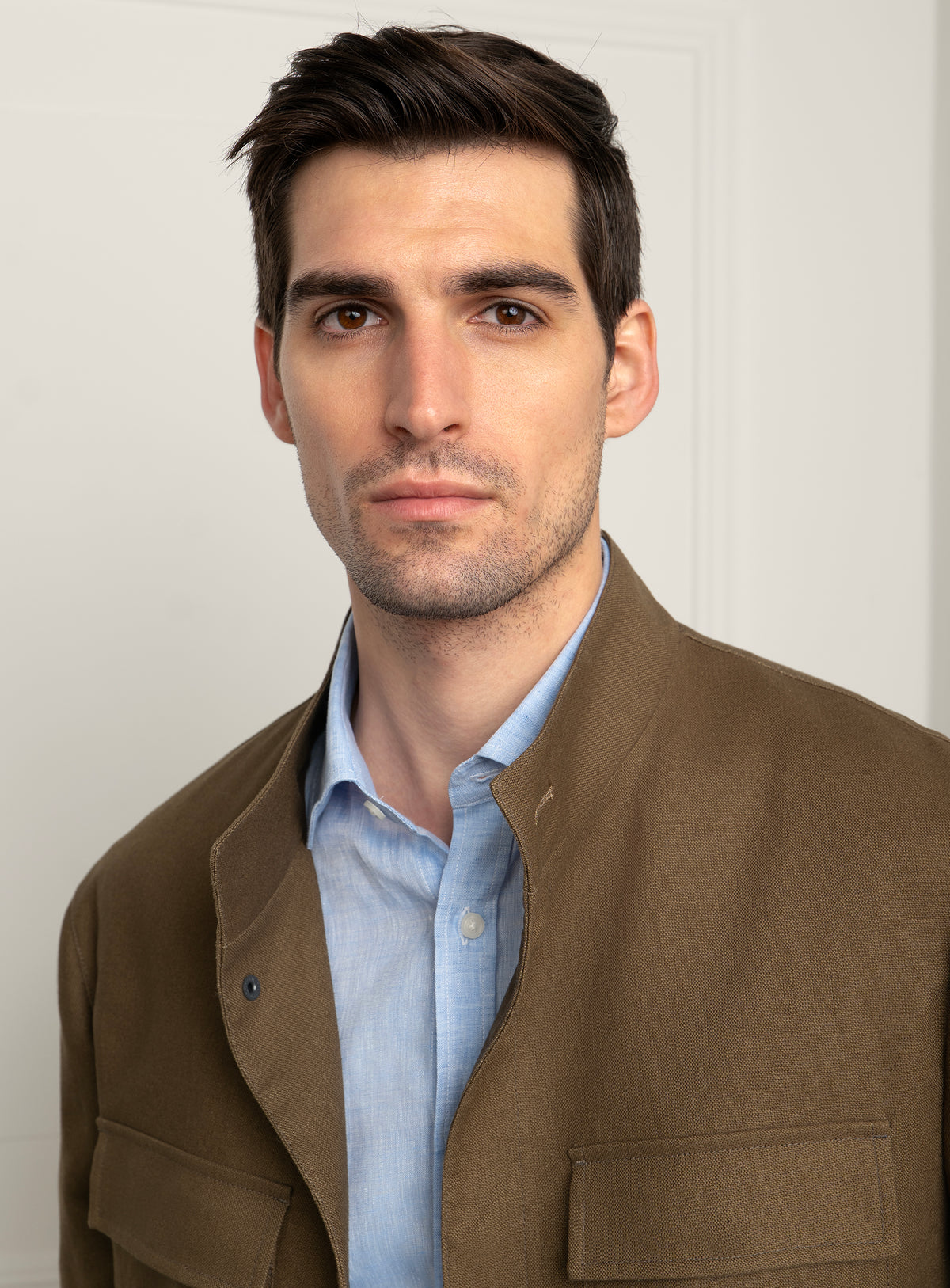 Melfi Basketweave Olive Harrington Jacket - Collar and chest portrait