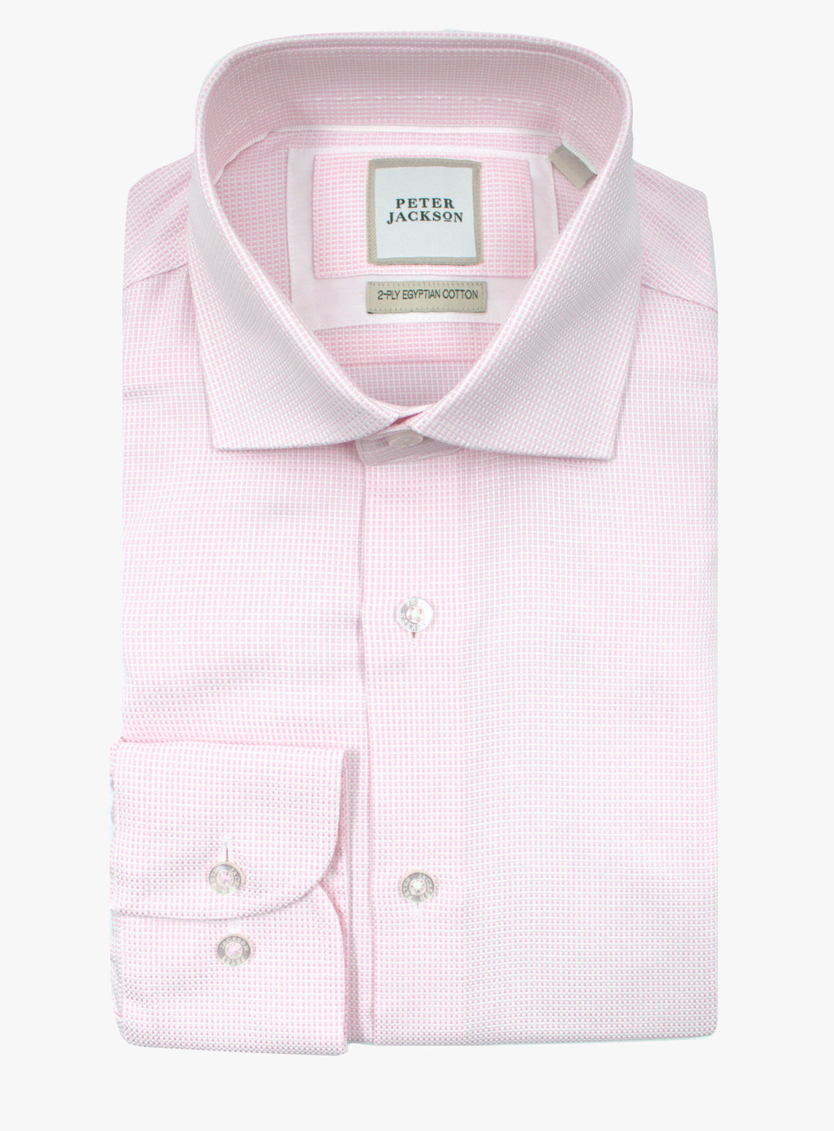Milan pink and white grid shirt, folded front view with cutaway collar