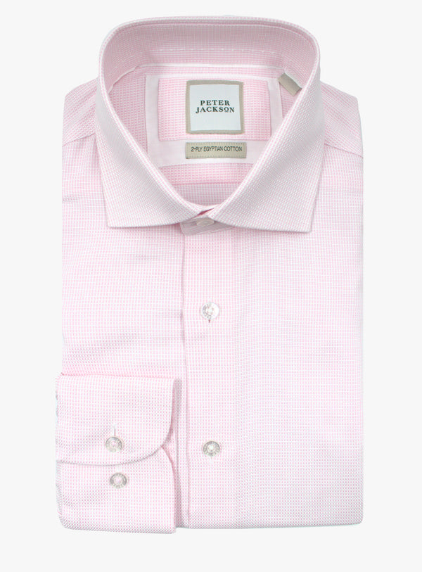 Milan pink and white grid shirt, folded front view with cutaway collar