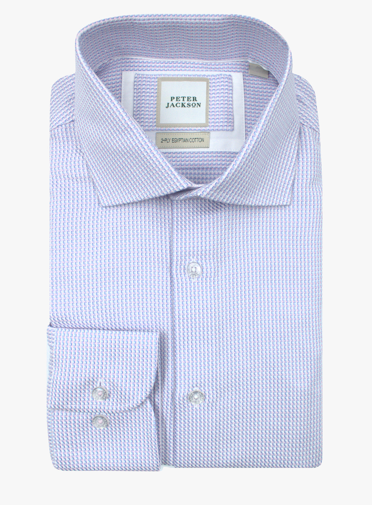 Milan pink, light blue and white houndstooth shirt, folded front view with cutaway collar