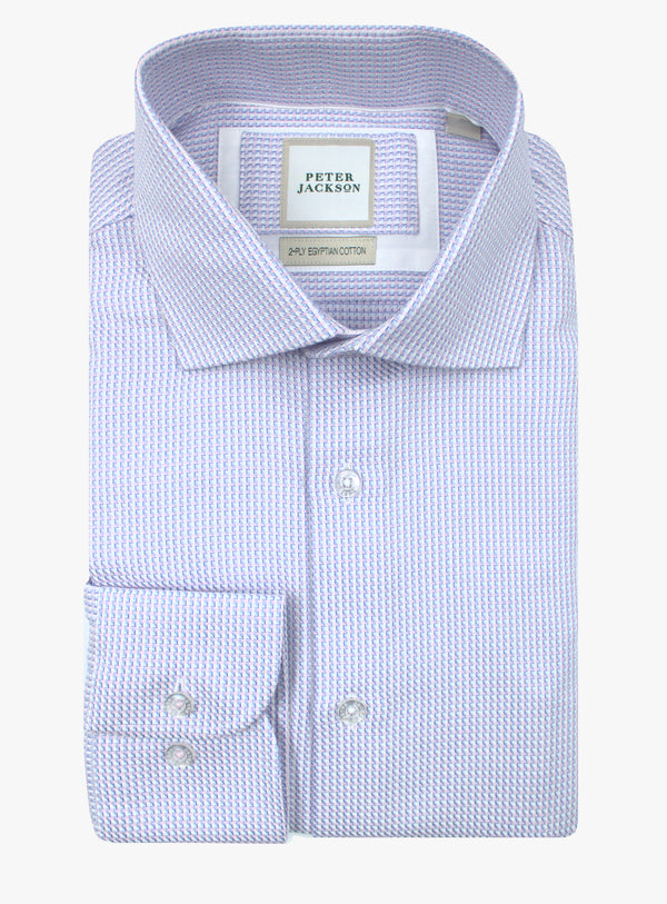 Milan pink, light blue and white houndstooth shirt, folded front view with cutaway collar