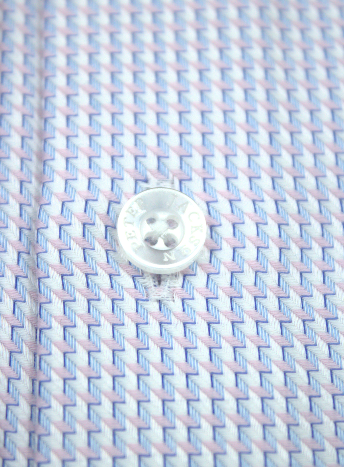 Milan pink, light blue and white houndstooth shirt, fabric and transparent front button detail