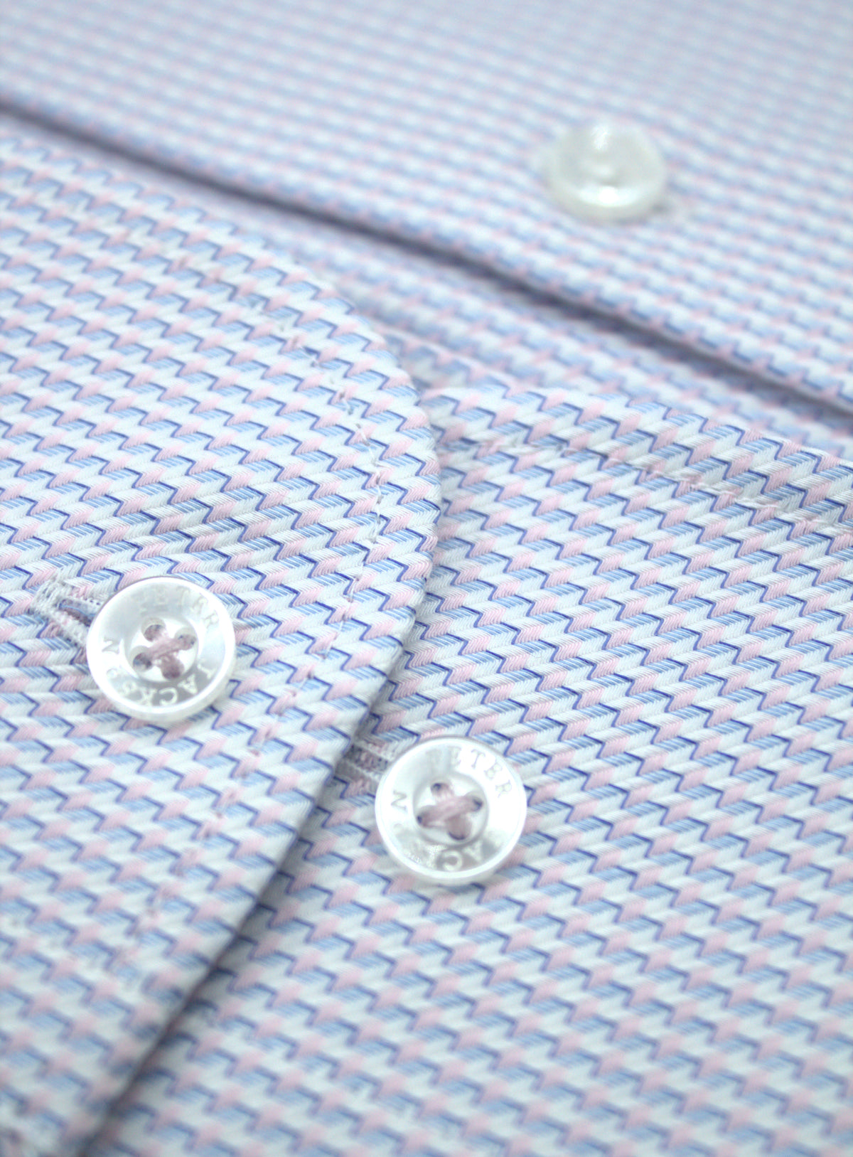 Milan pink, light blue and white houndstooth shirt, rounded cuff and adjustable buttons