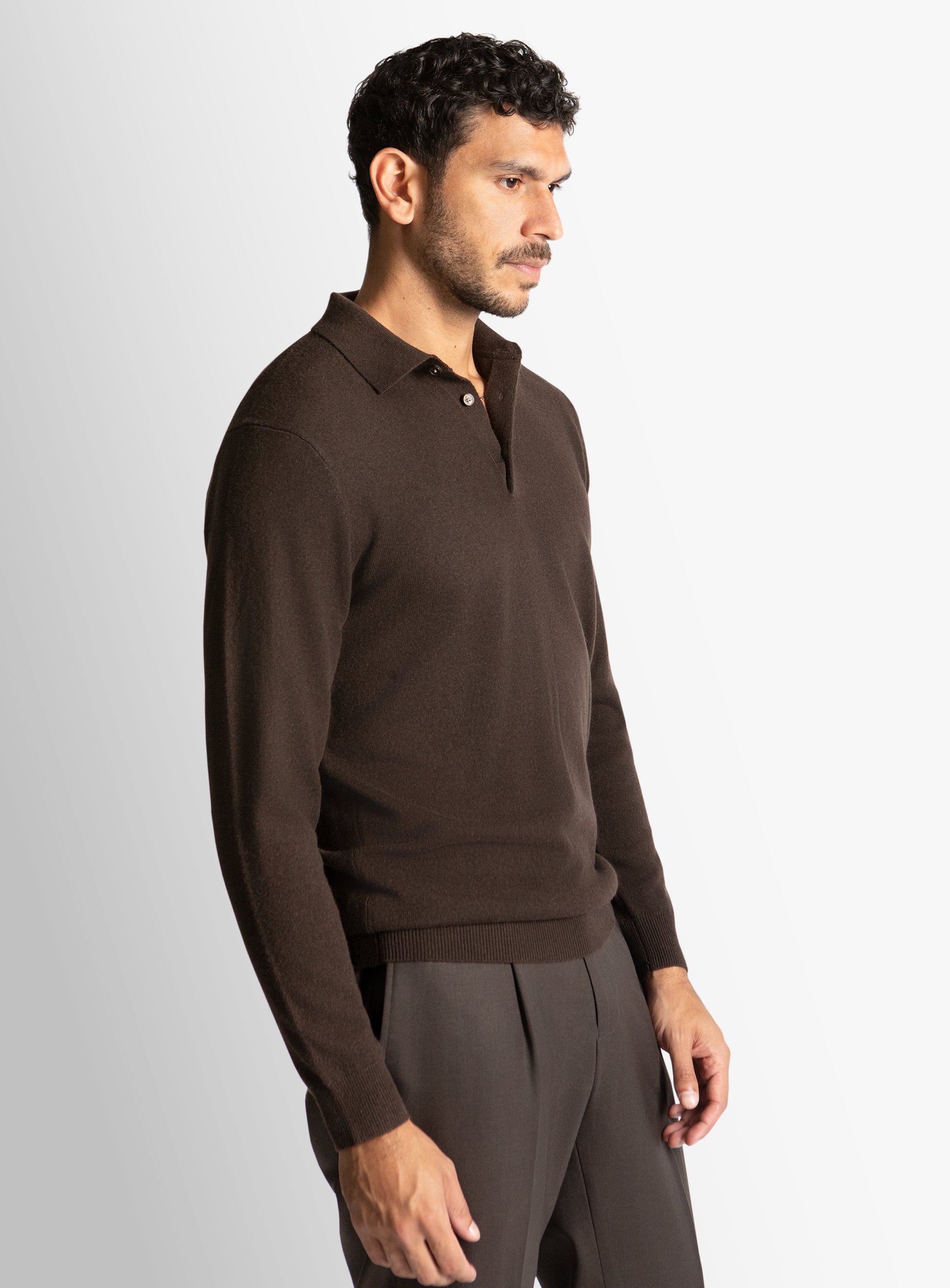 Chocolate Wool/Cashmere Long Sleeve Knit Polo