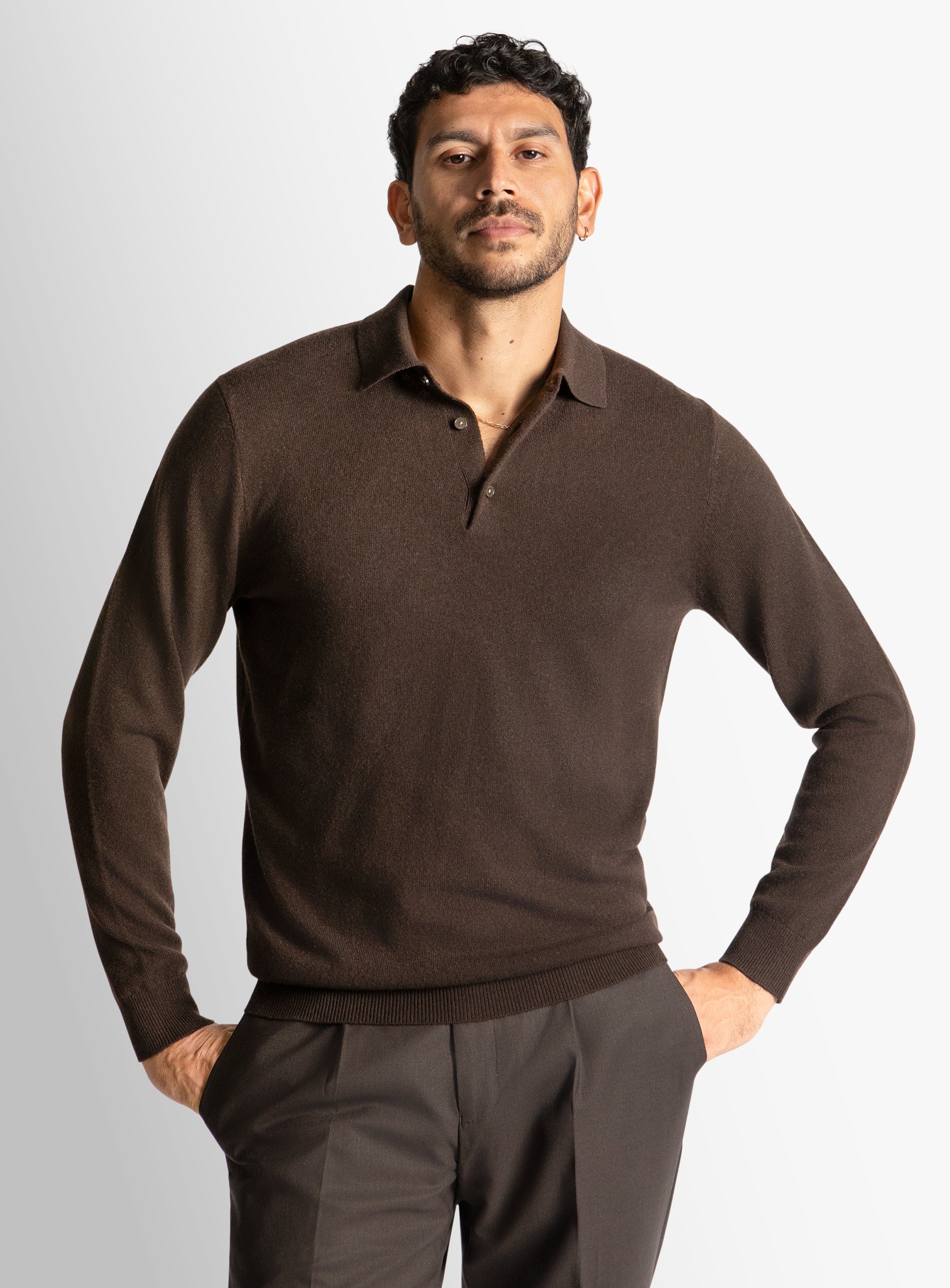 Chocolate Wool/Cashmere Long Sleeve Knit Polo