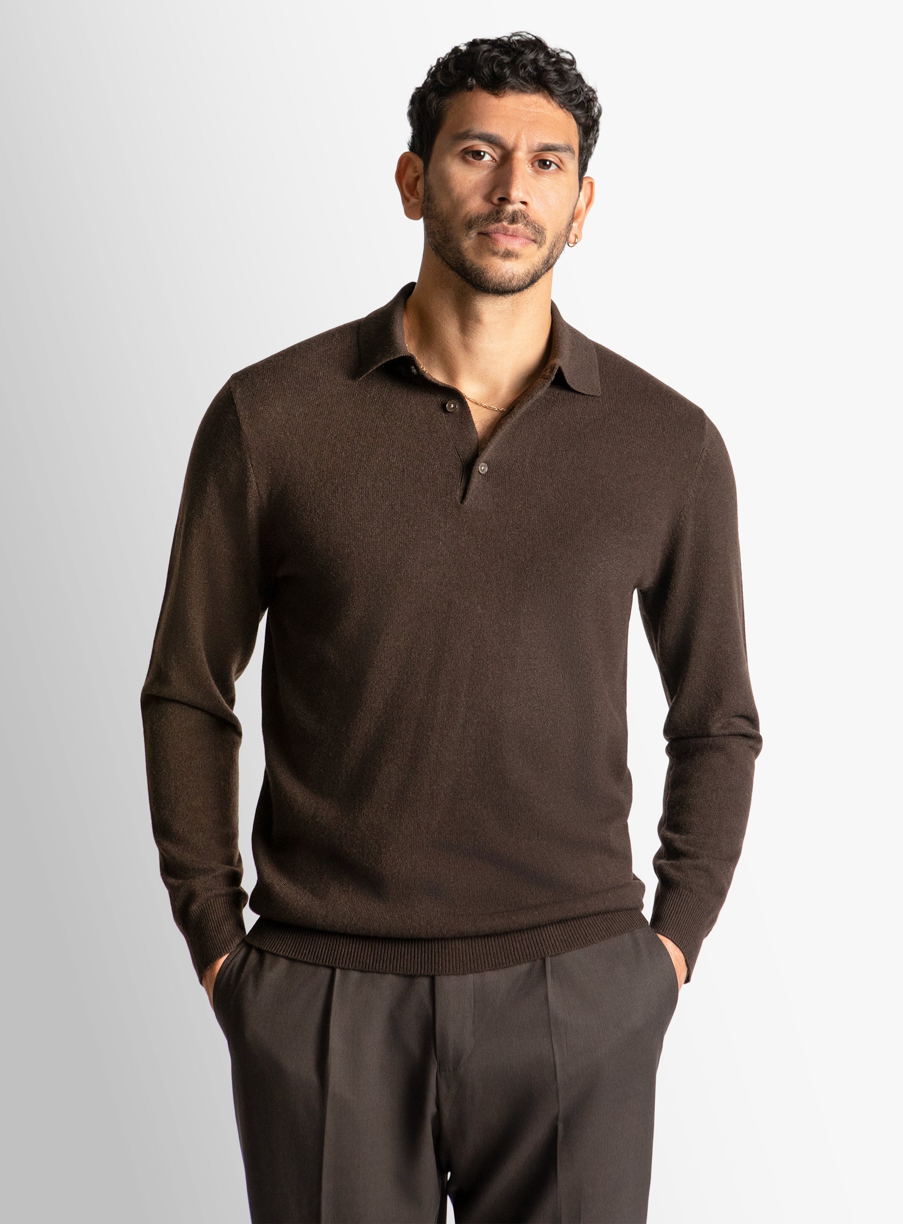 Chocolate Wool/Cashmere Long Sleeve Knit Polo