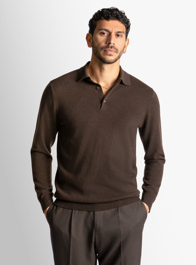 Chocolate Wool/Cashmere Long Sleeve Knit Polo