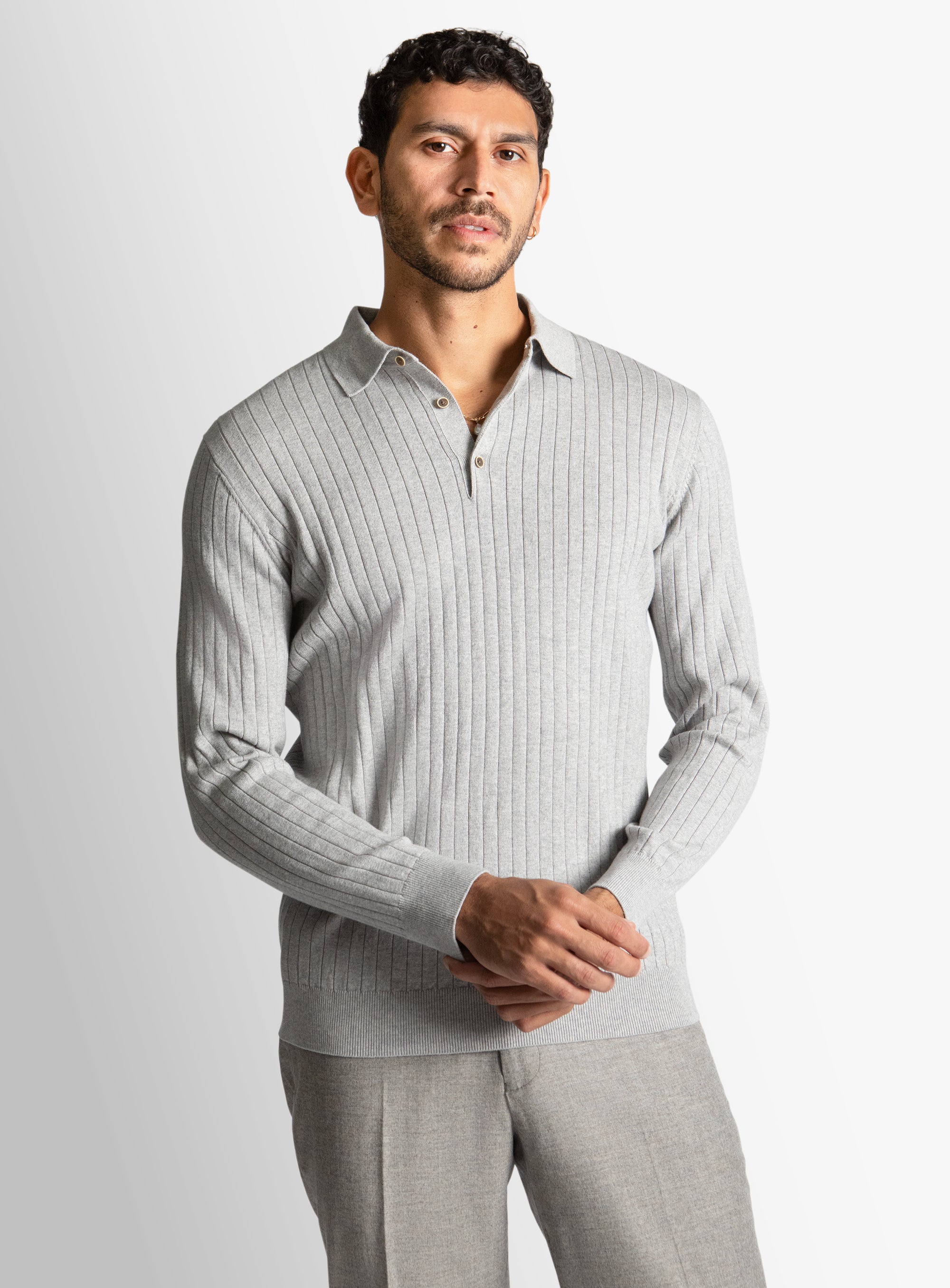 Ash Cotton/Cashmere Fine Rib Knit Polo