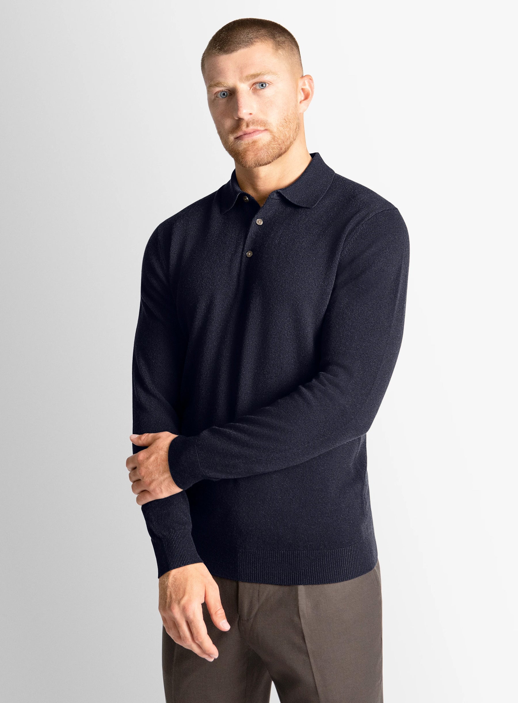 Wool/Cashmere Long Sleeve Navy Polo Knit