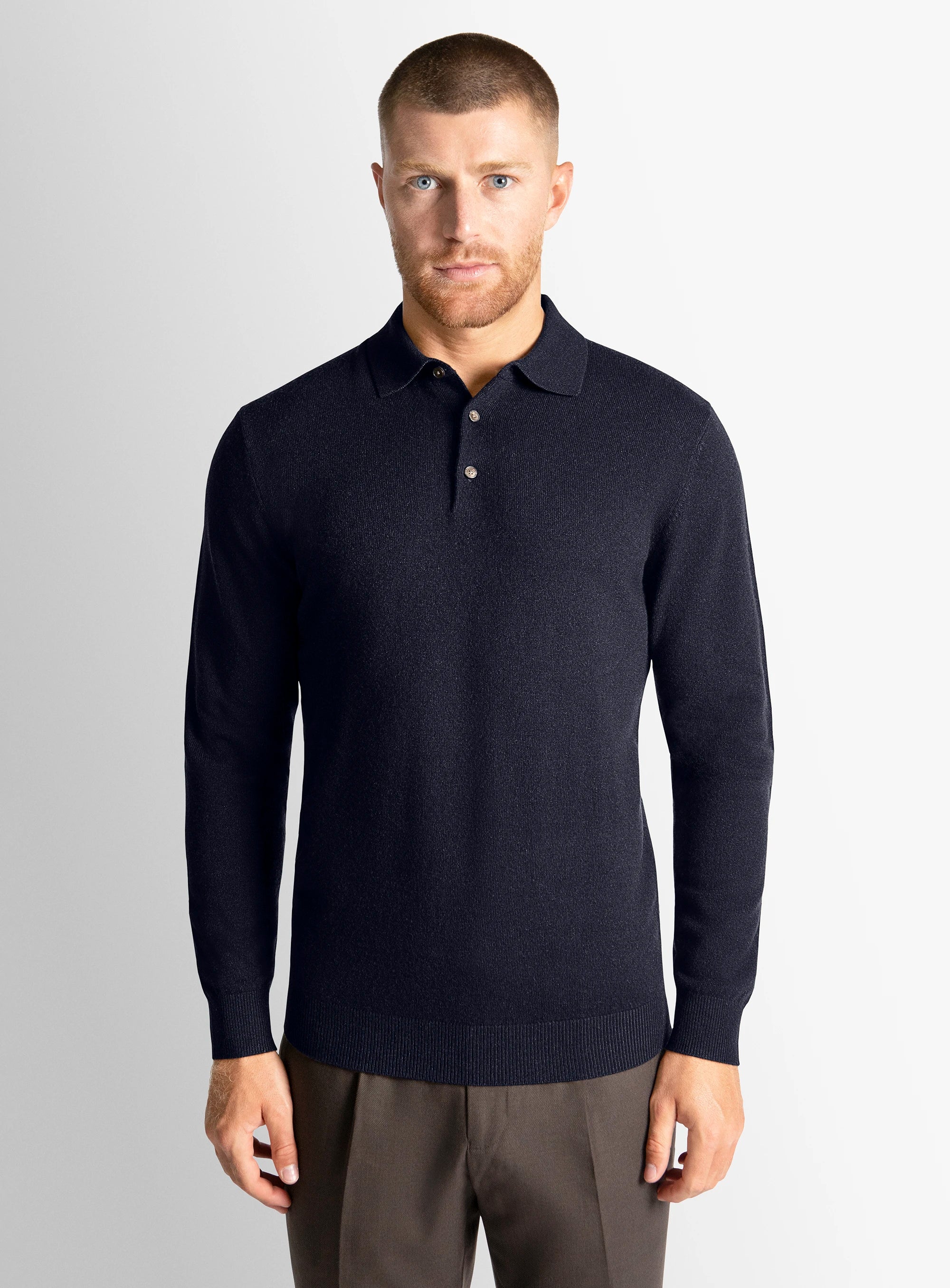 Wool/Cashmere Long Sleeve Navy Polo Knit