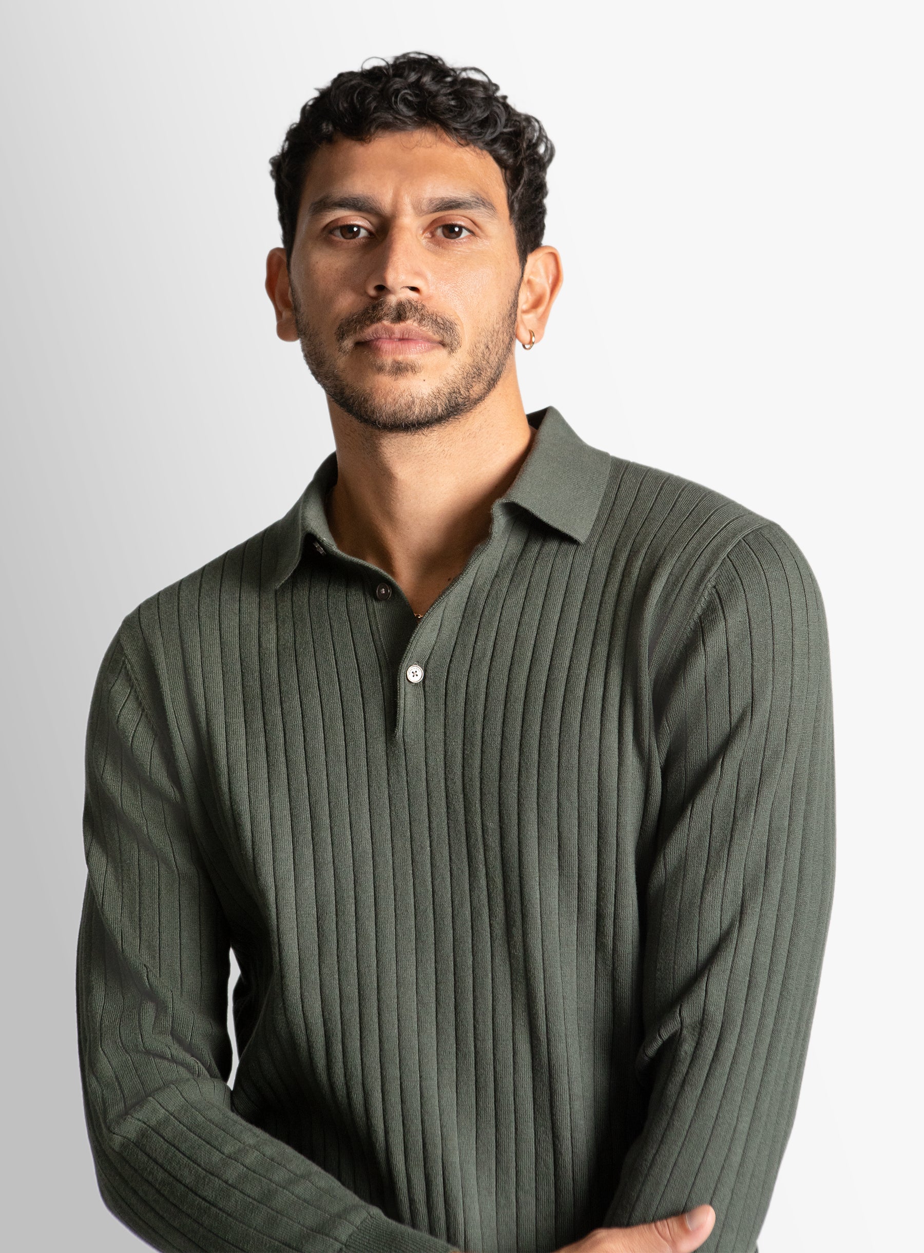 Olive Cotton/Cashmere Fine Rib Knit Polo