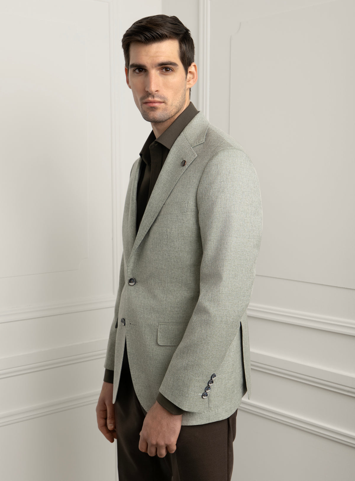 Vitale Birdseye Sage Sport Jacket - Model side three-quarter view