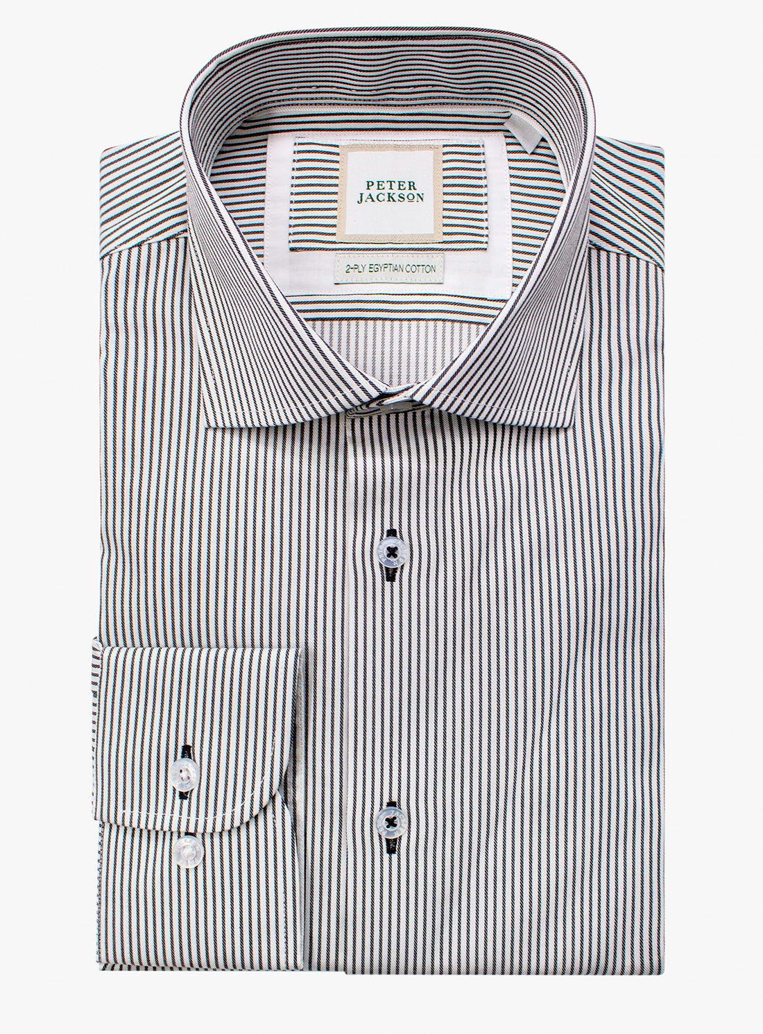 Folded black and white striped dress shirt with a brand label on a white background