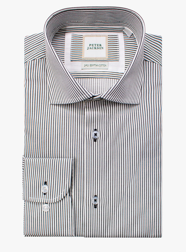 Folded black and white striped dress shirt with a brand label on a white background