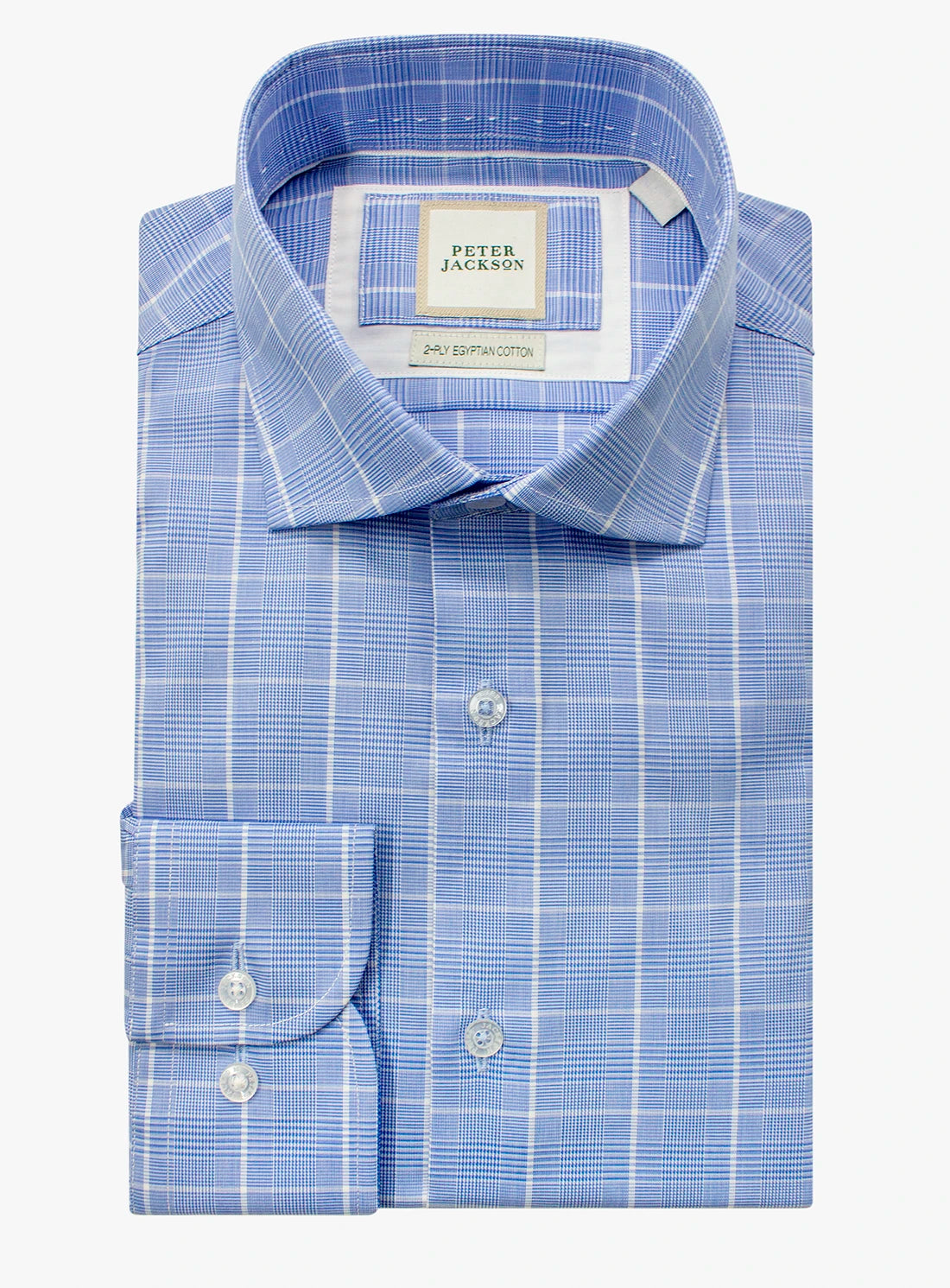 Blue checkered dress shirt with a Peter Jackson label on a white background