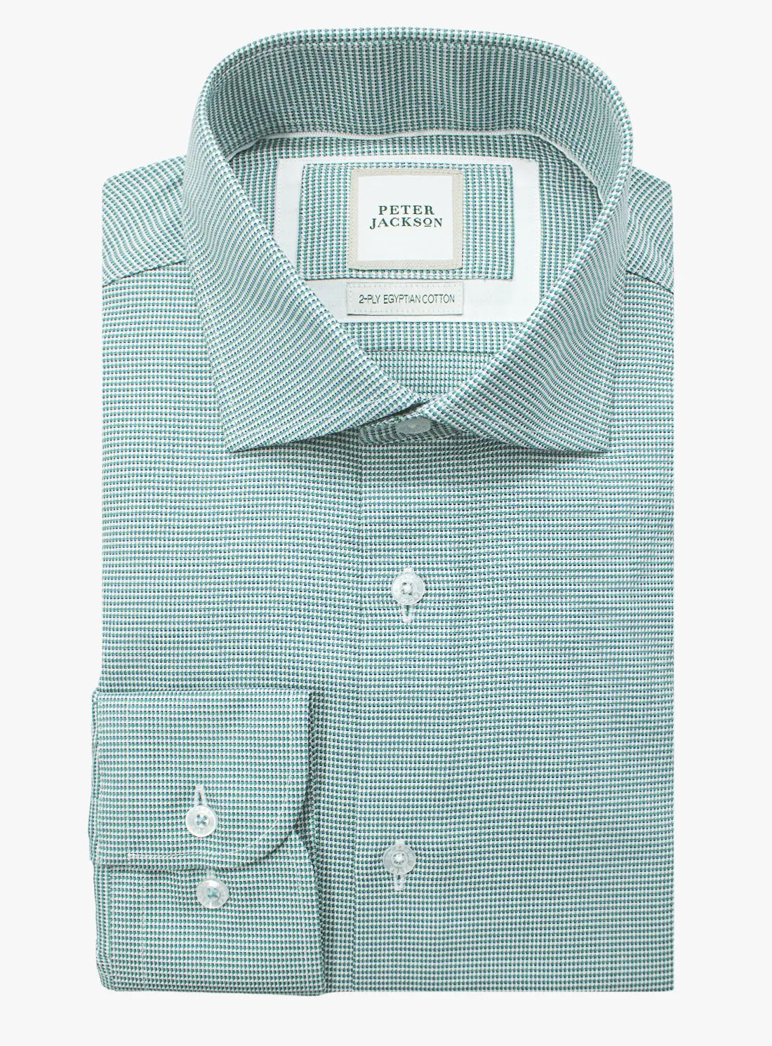 Green dress shirt with a Peter Jackson label on a white background