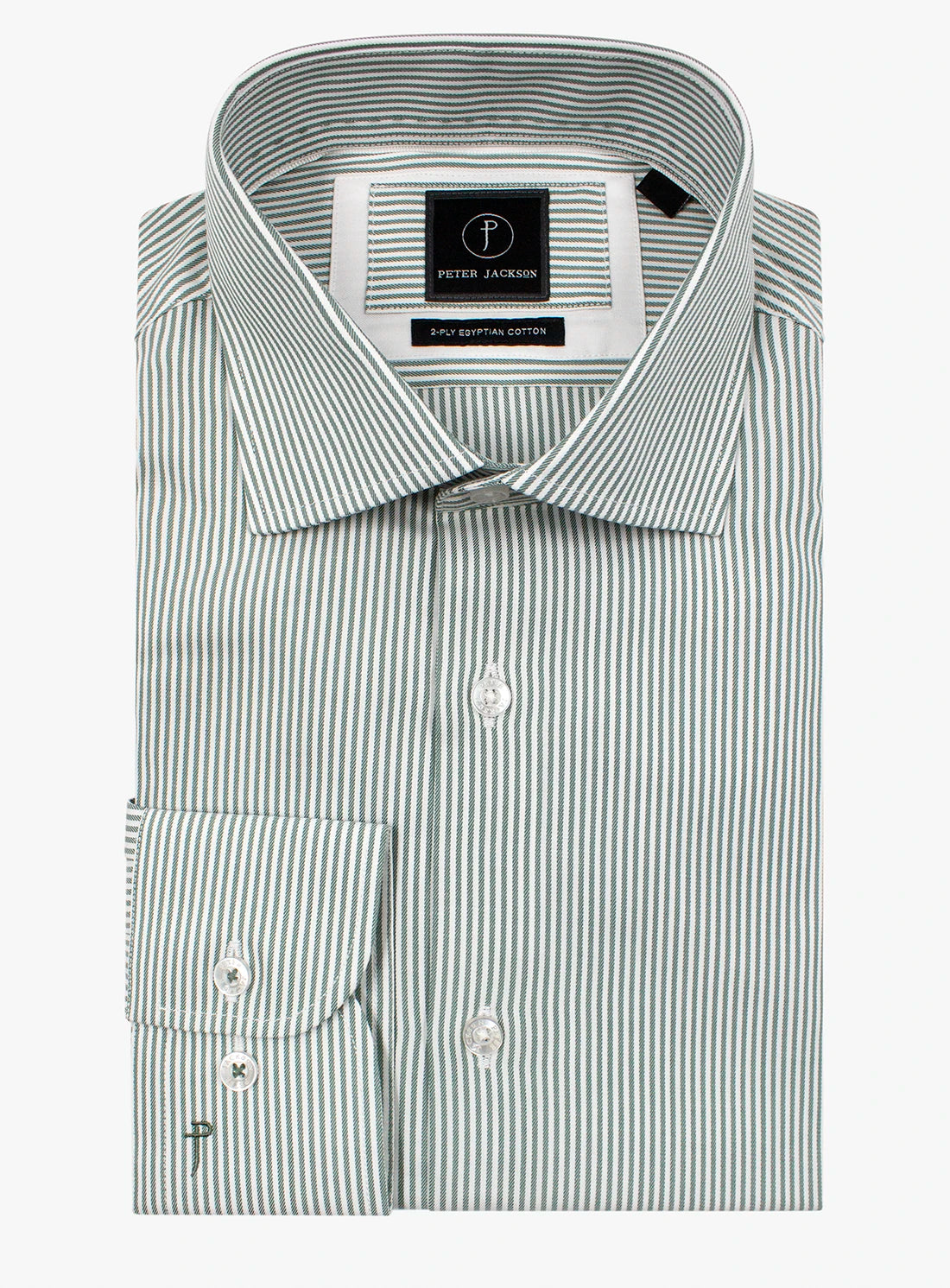 Striped dress shirt with a brand label on a white background