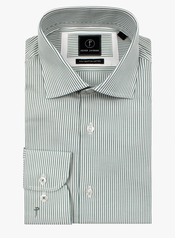 Striped dress shirt with a brand label on a white background