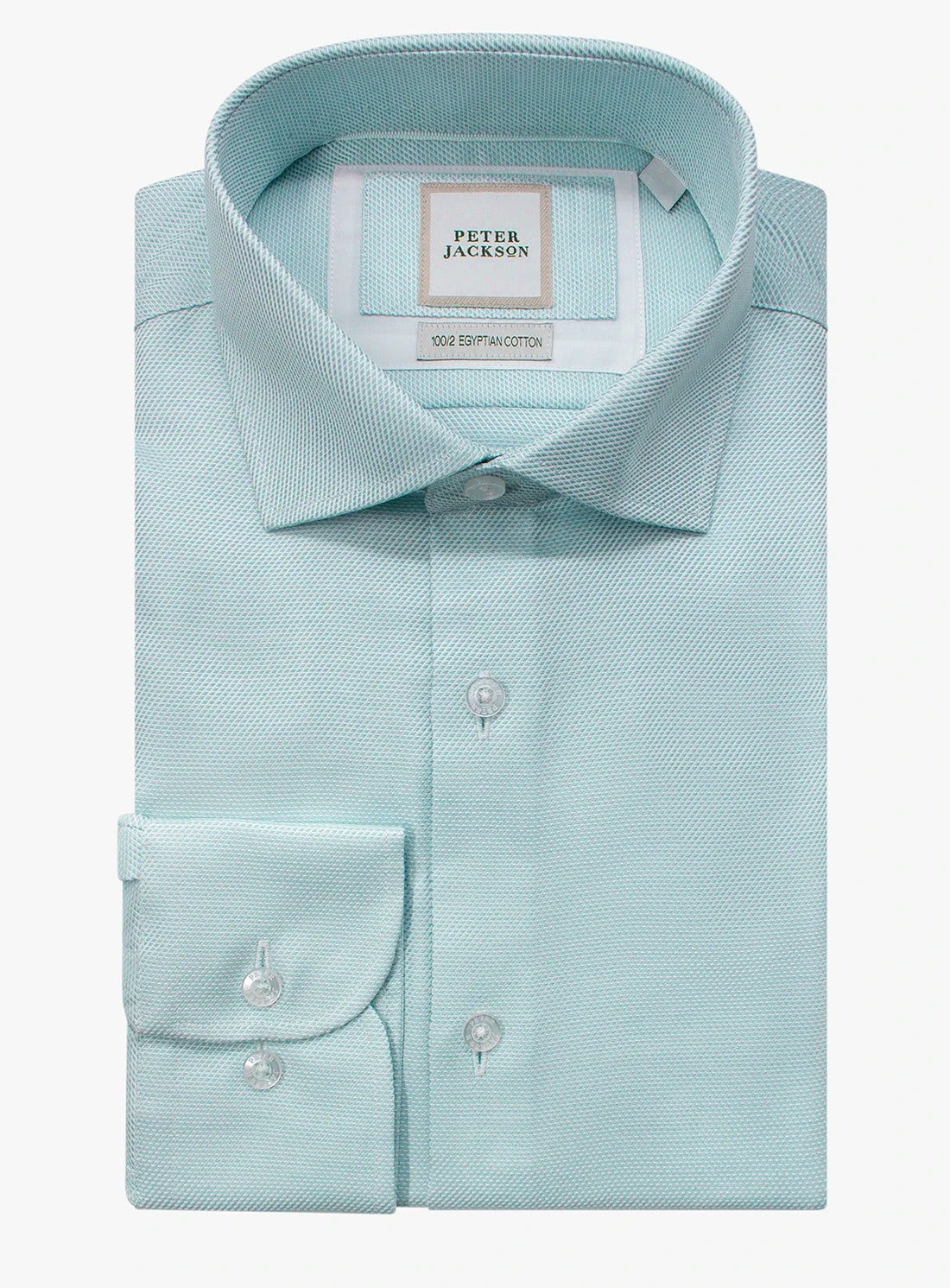 Light blue dress shirt with collar and cuff details on a white background