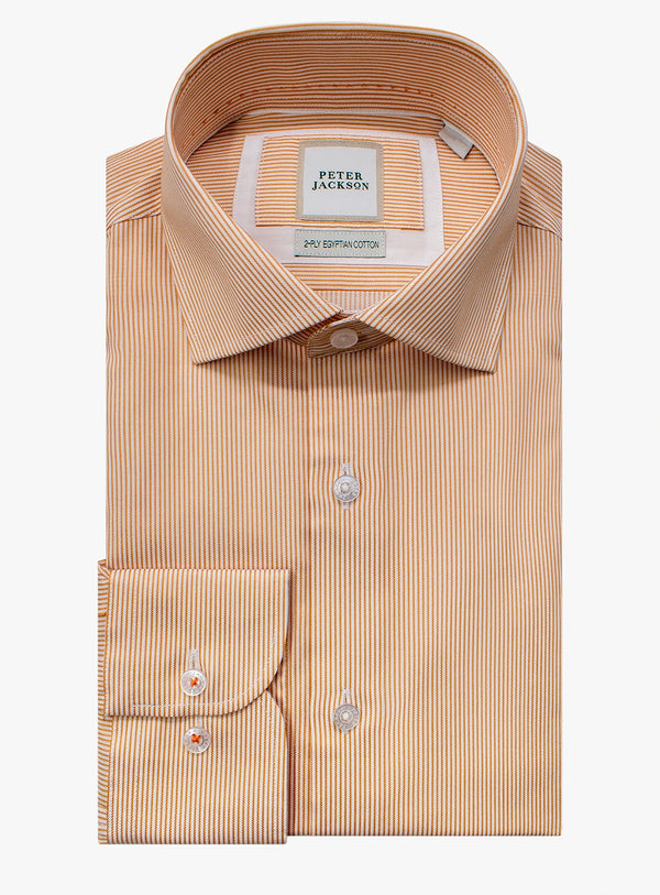 Beige striped dress shirt with a Peter Jackson label on a white background