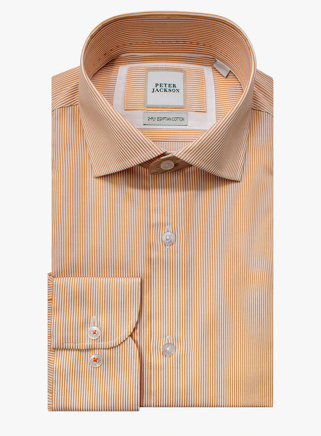 Beige striped dress shirt with a Peter Jackson label on a white background