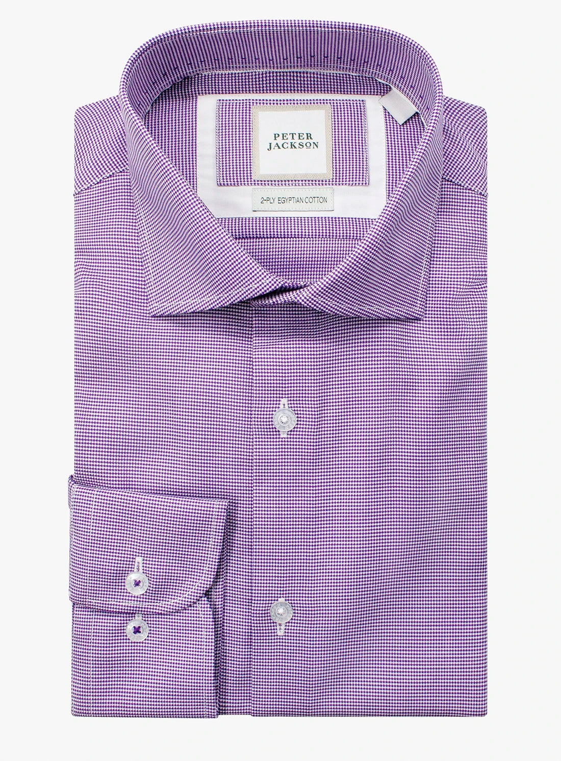 Purple checkered dress shirt with brand label on a white background
