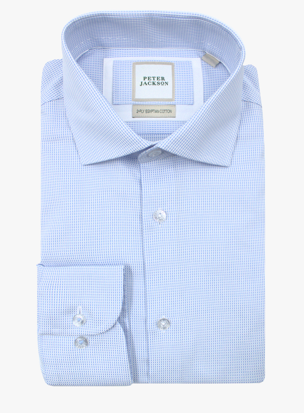 Milan sky blue and white grid shirt, folded front view with cutaway collar