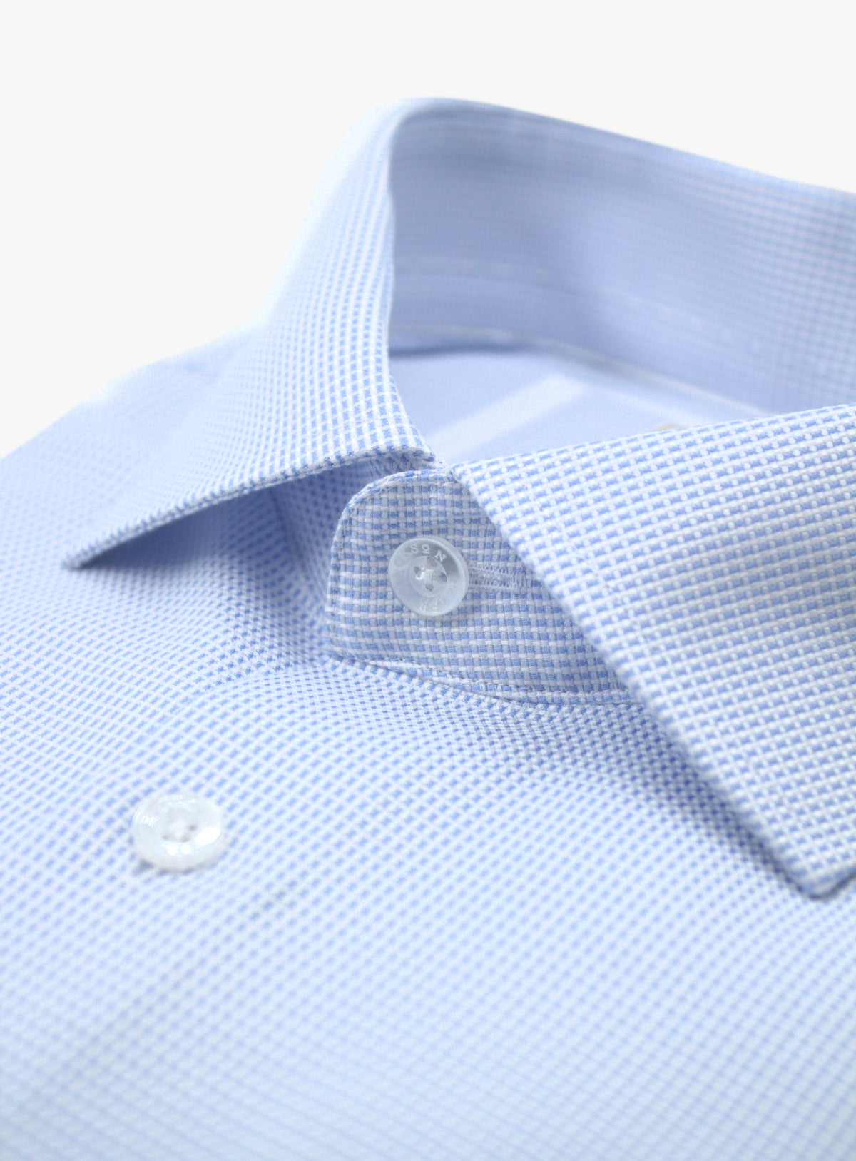 Milan sky blue and white grid shirt, cutaway collar close-up