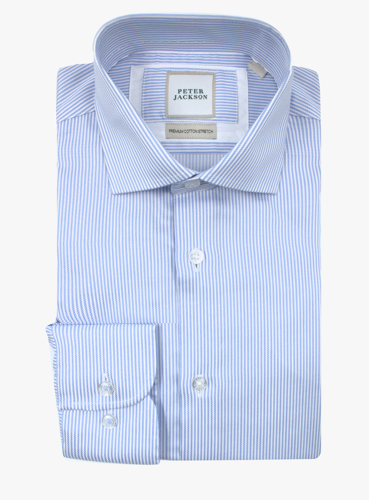 Milan fine sky blue and white stripe shirt, folded front view with cutaway collar