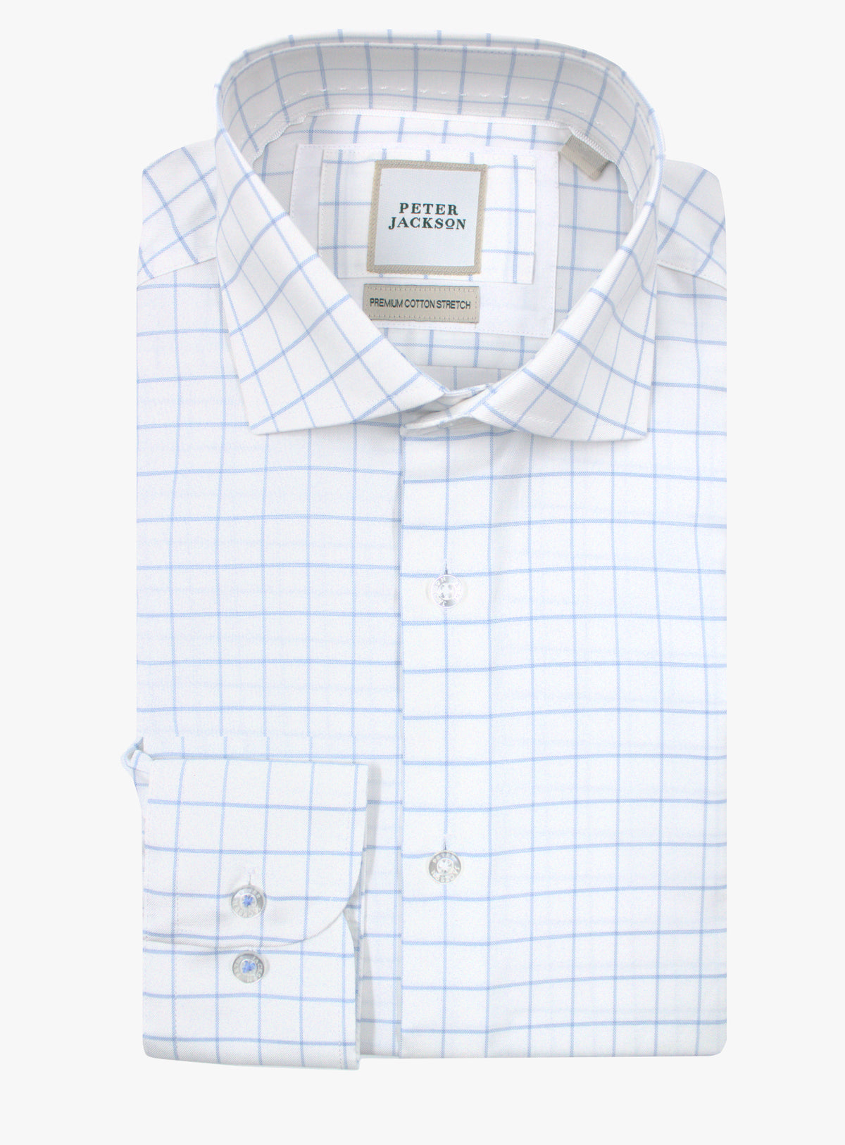 Milan sky blue windowpane on white shirt, folded front view with cutaway collar