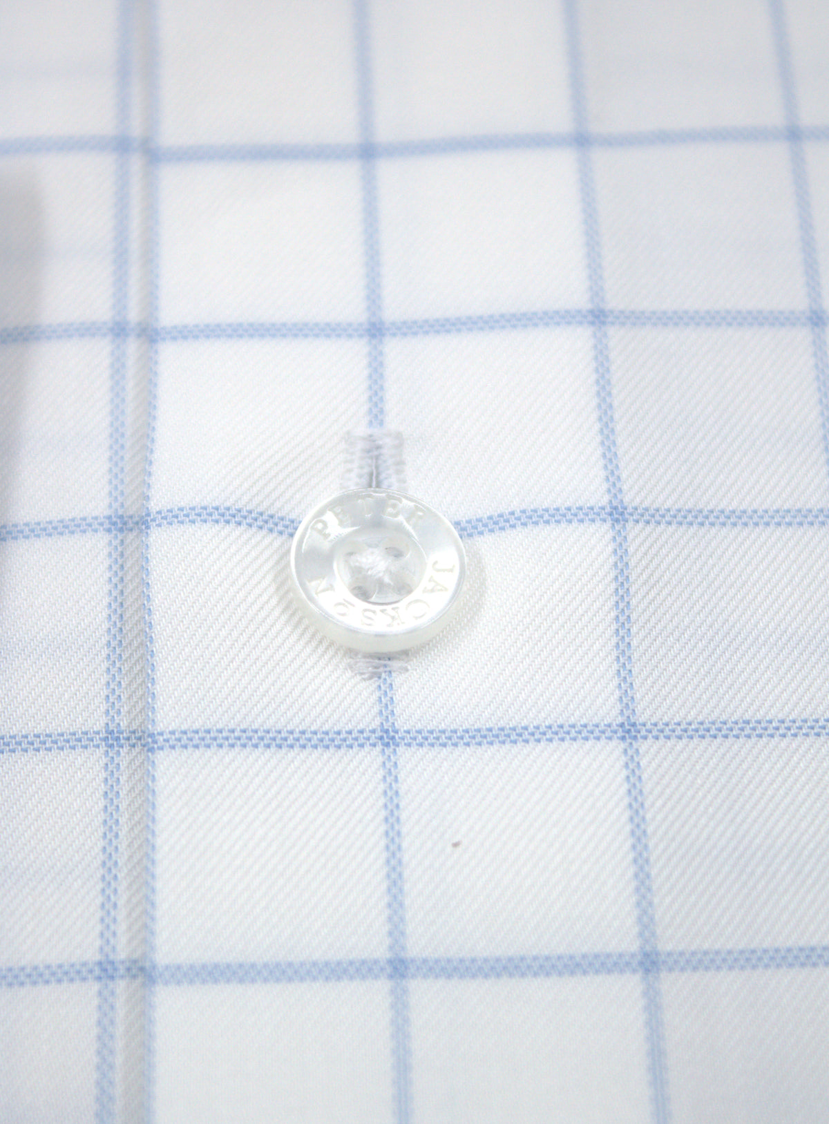 Milan sky blue windowpane on white shirt, fabric and transparent front button detail