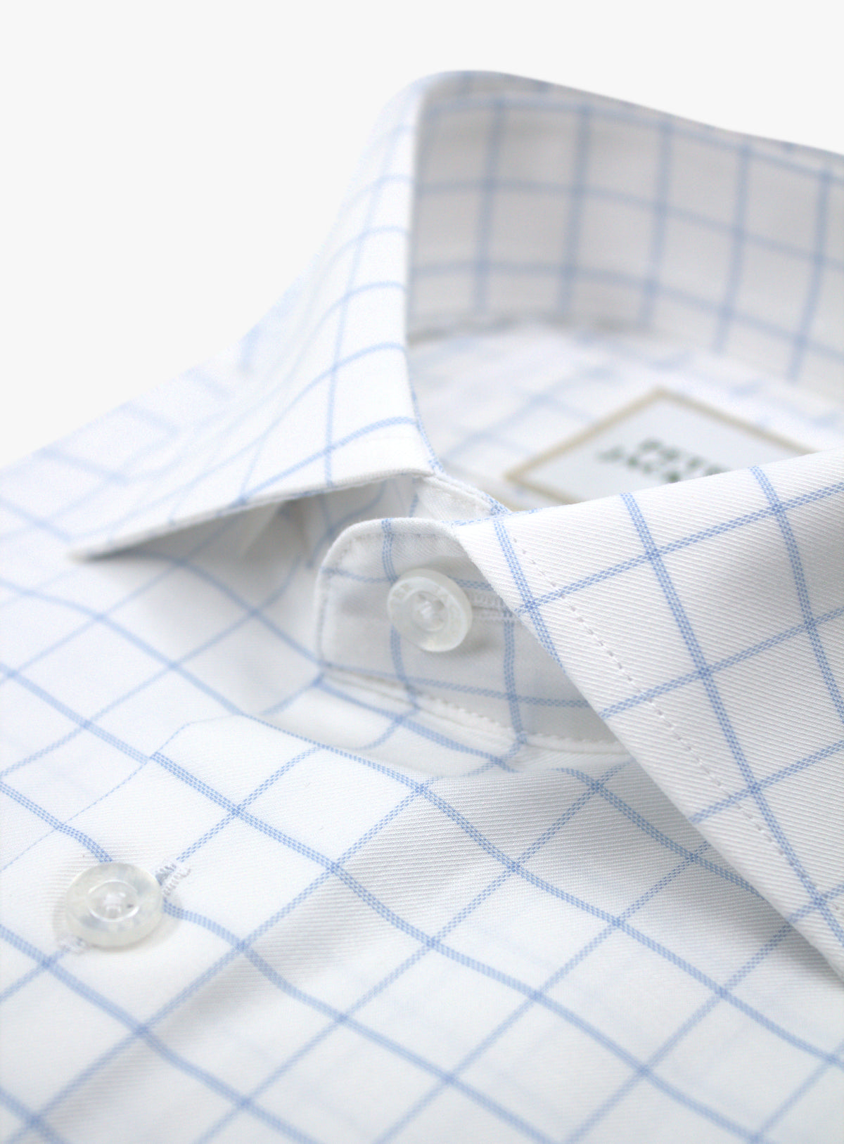 Milan sky blue windowpane on white shirt, cutaway collar close-up