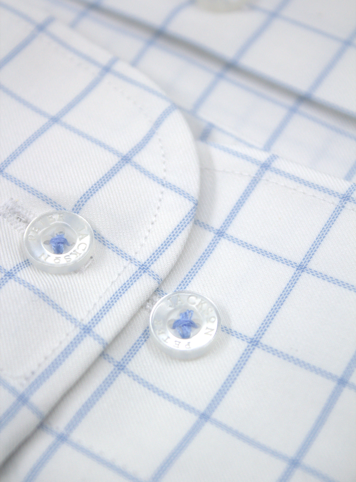 Milan sky blue windowpane on white shirt, rounded cuff and adjustable buttons