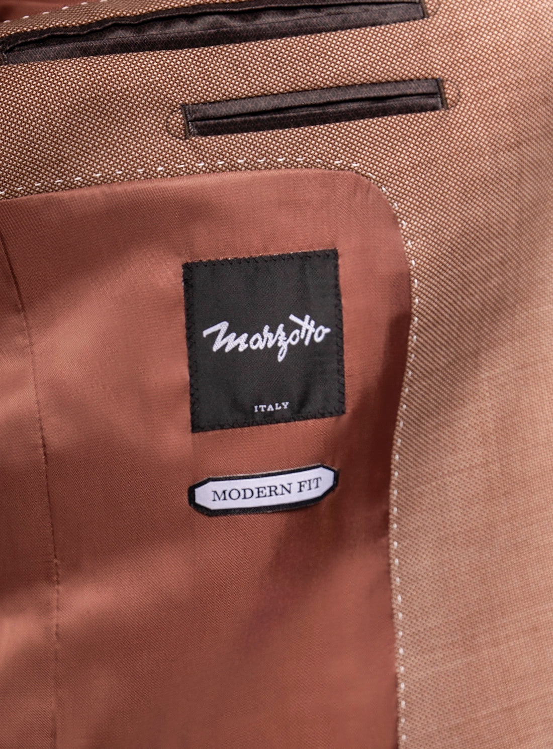 Brown suit jacket with 'Marzotto' label and 'Modern Fit' tag.