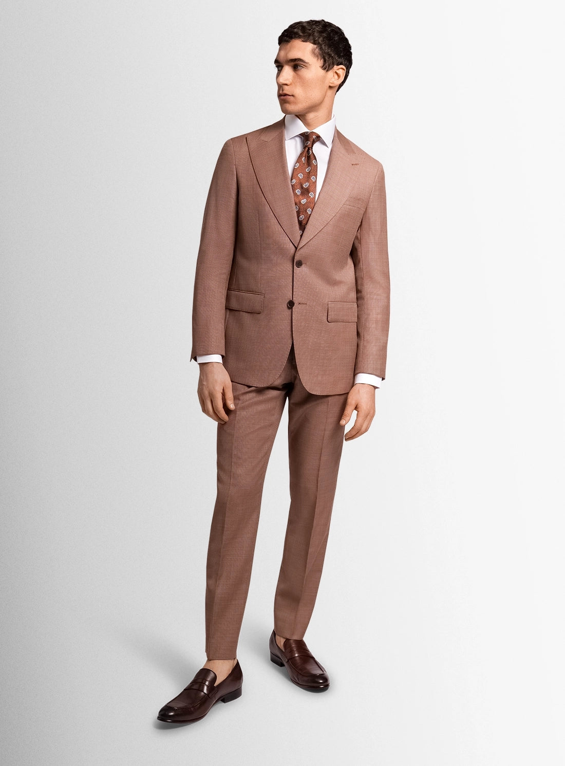 Man wearing a brown suit with a patterned tie on a white background