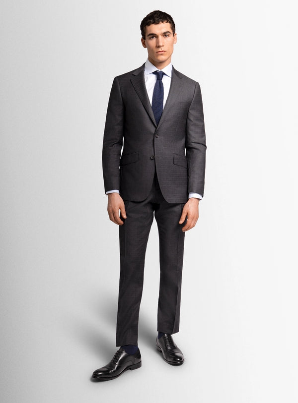 Man wearing a gray suit with a white shirt and blue tie on a light gray background