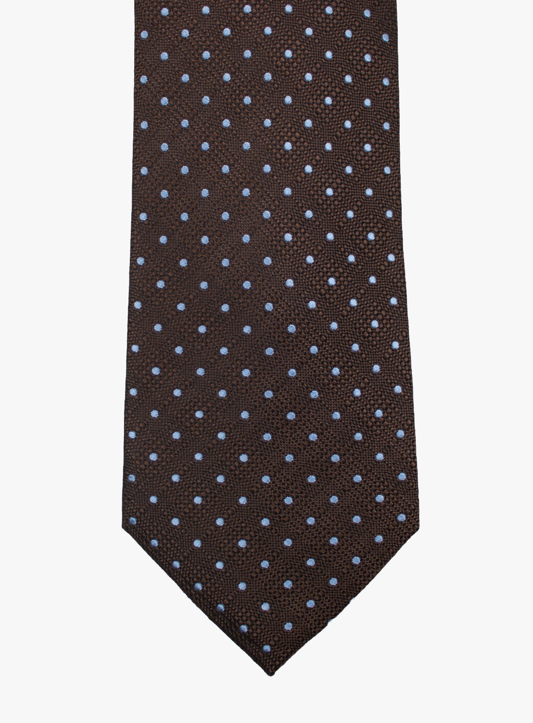 Brown tie with white polka dots on a white background