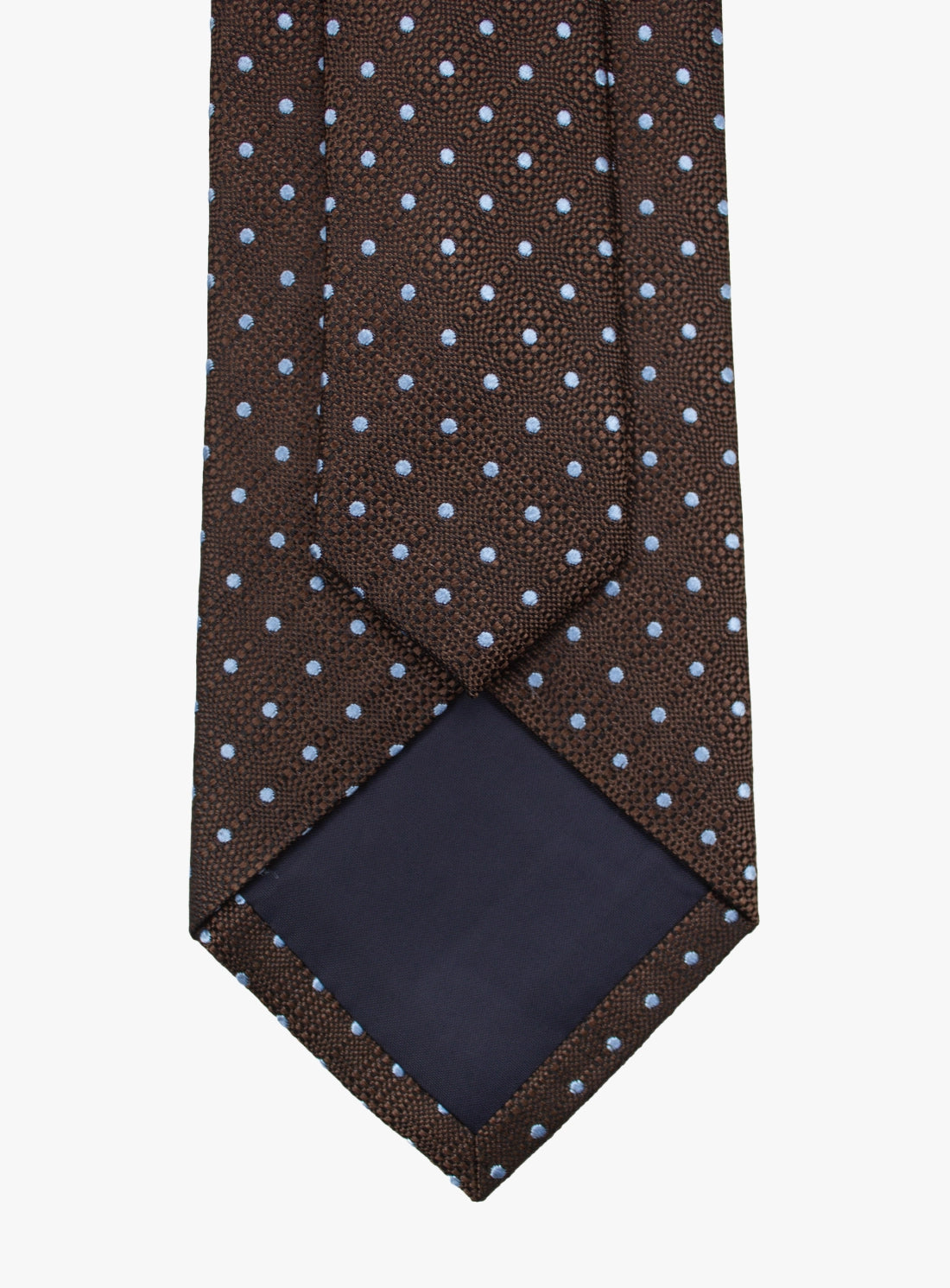 Brown tie with white polka dots on a white background