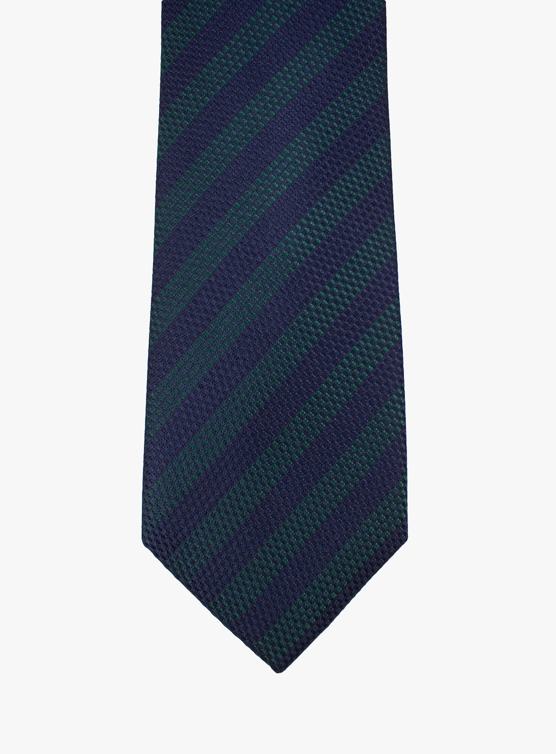 Navy and green striped tie on a white background