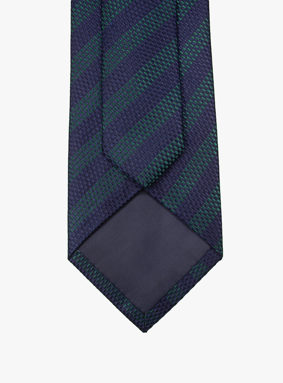 Navy and green striped tie on a white background