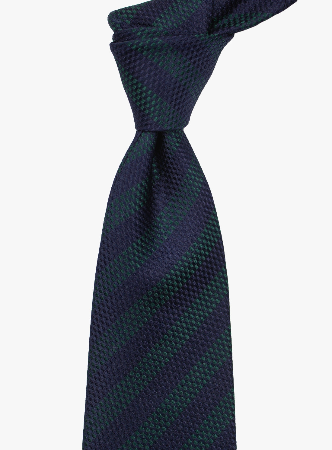 Navy and green striped tie on a white background