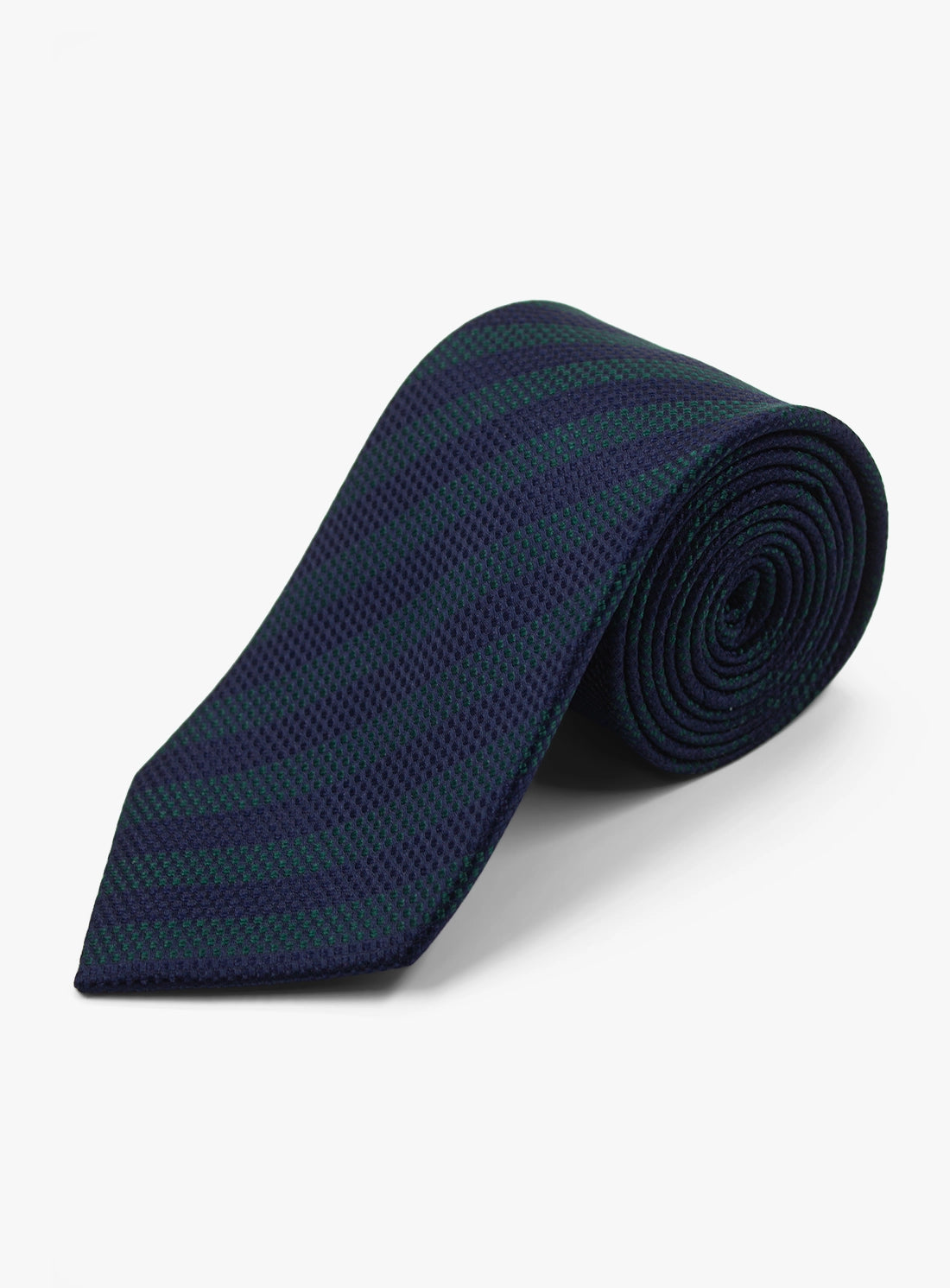 Navy blue striped tie on a white background