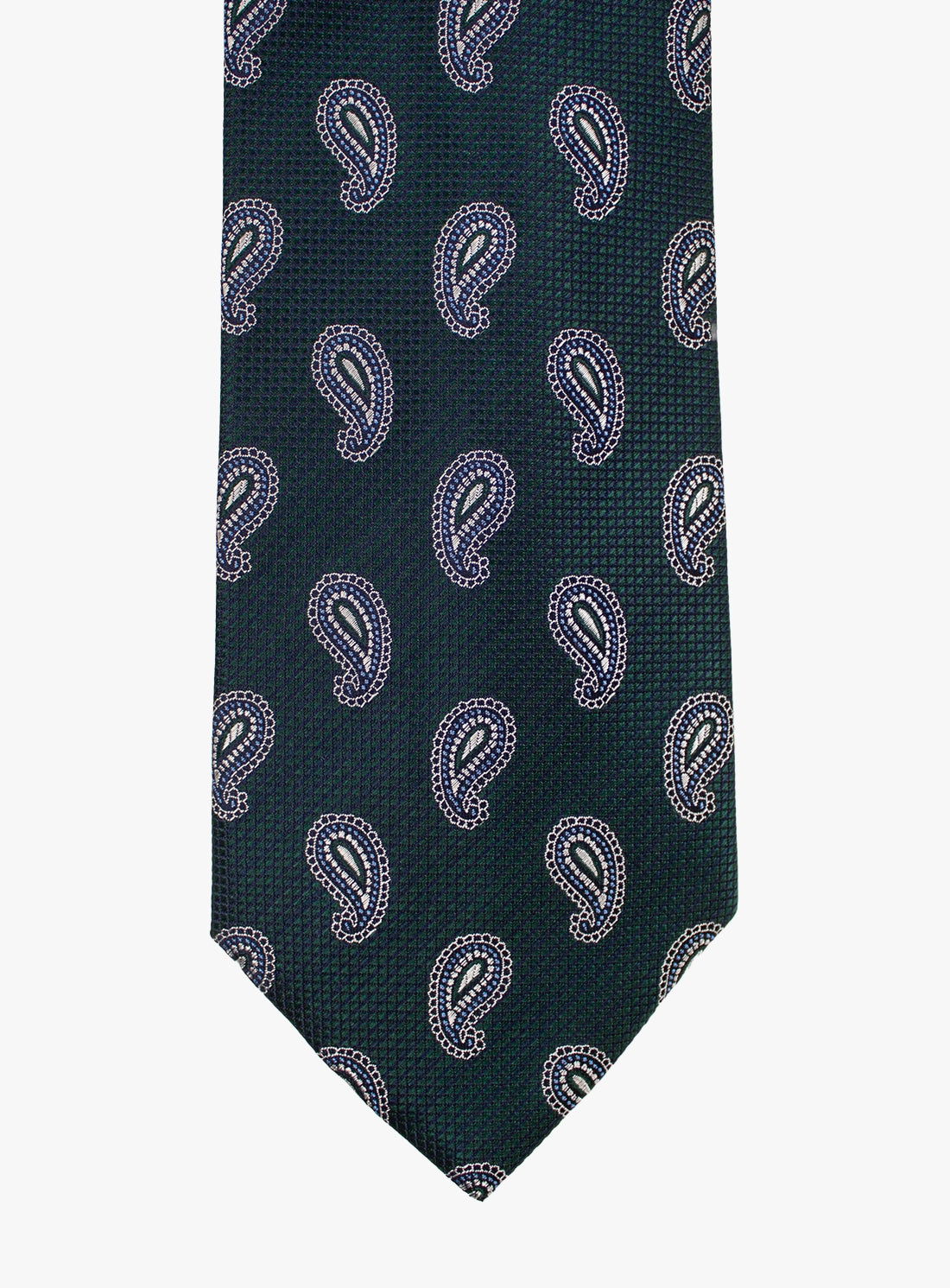 Navy blue tie with white paisley pattern on a white background