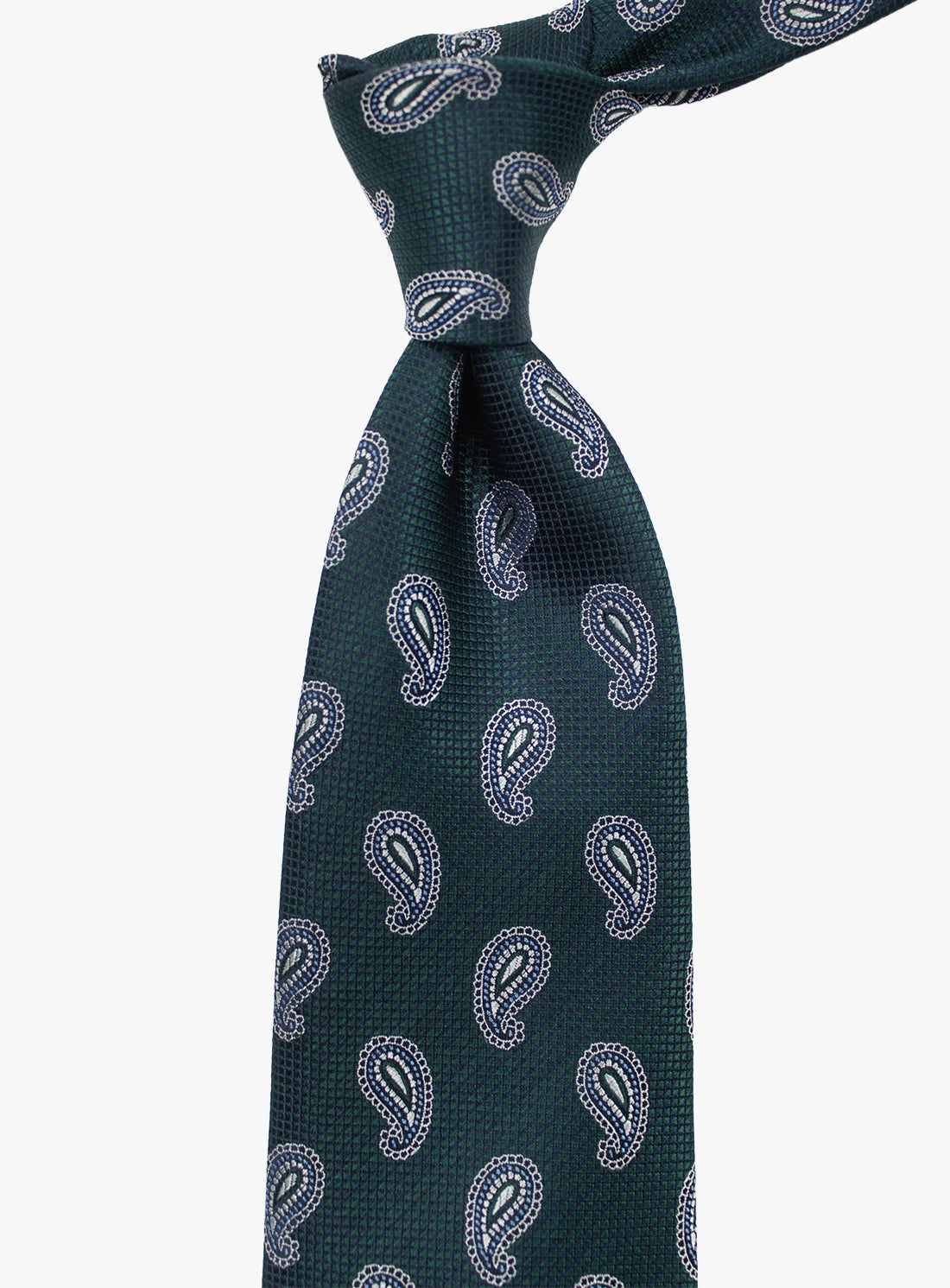 Dark green tie with white paisley pattern on a white background