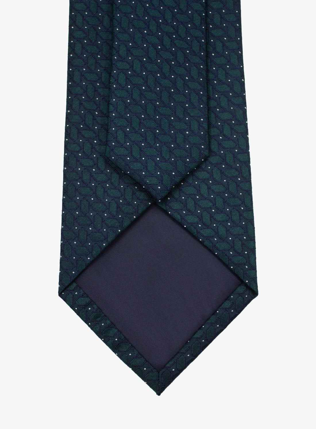 Navy patterned tie and matching pocket square on a white background