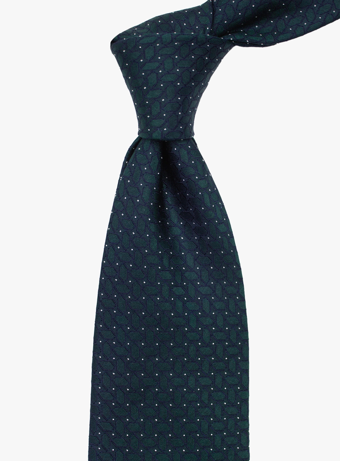 Navy blue tie with white polka dots on a white background