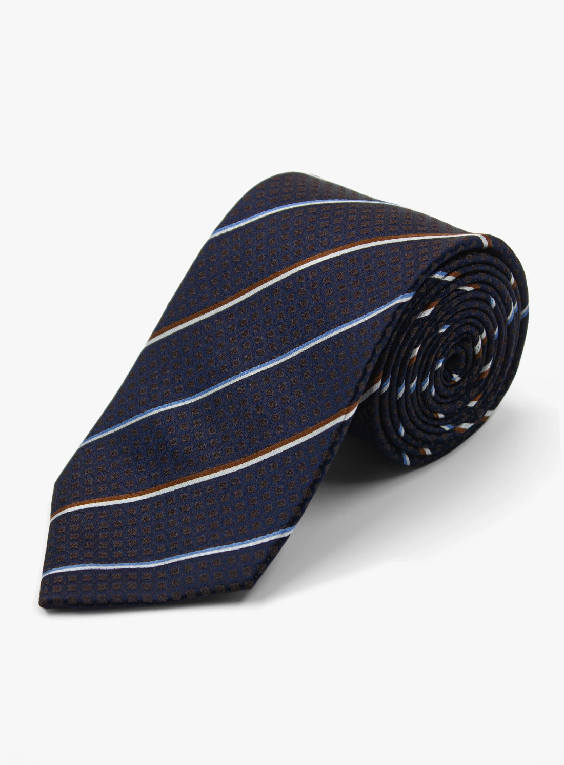 Navy striped tie on a light gray background