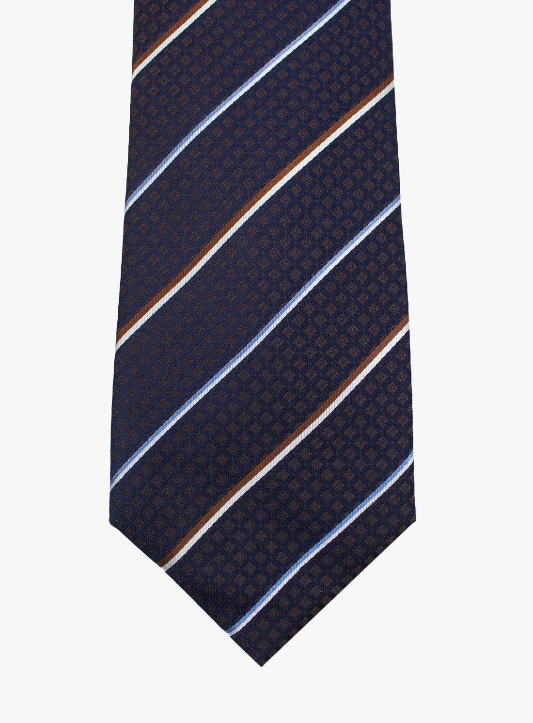 Navy blue tie with diagonal stripes on a white background