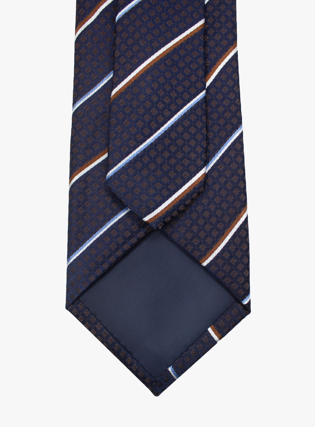 Navy blue tie with patterned design on a white background